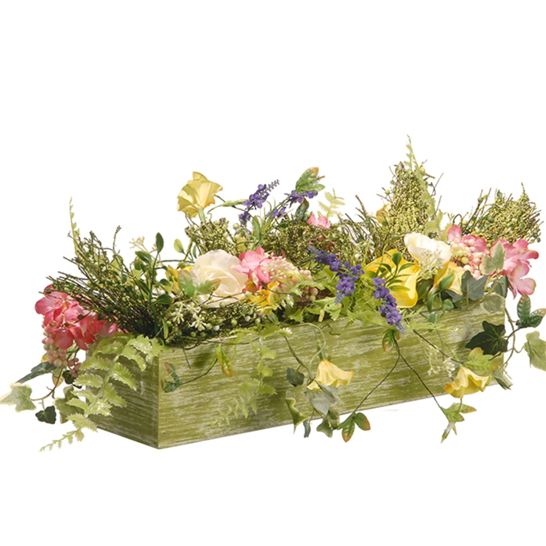 National Tree Company Home & Garden Decor^ Artificial Candleholder Table Decoration, Wooden Green Box Base, Decorated With Flower Blooms, Berry Clusters, Leafy Greens, Holds 3 Pillar Candles, Spring Collection, 22 Inches