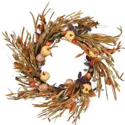 Harvest Wreath-National Tree Company Artificial Autumn Wreath, Decorated With Pumpkins, Grasses, Leaf Stalks, Seedpods, Assorted Leaves, Autumn Collection, 24 In