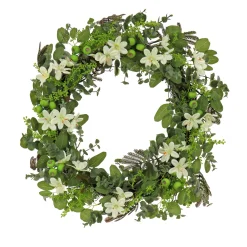 National Tree Company Flower Wreaths^ Artificial Wreath Decoration, Green, Woven Branch Base, Decorated With Mixed Flower Blooms, Flowing Green Stems, Spring Collection, 24 Inches