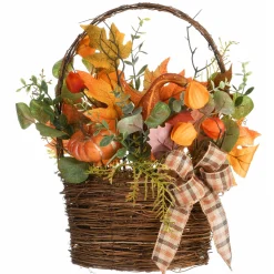 Harvest Accessories-National Tree Company Artificial Flowers In Wicker Basket, Decorated With Pumpkins, Gourds, Flower Buds, Burlap Bows, Maple Leaves, Autumn Collection, 17 In