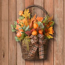 Harvest Accessories-National Tree Company Artificial Flowers In Wicker Basket, Decorated With Pumpkins, Gourds, Flower Buds, Burlap Bows, Maple Leaves, Autumn Collection, 17 In