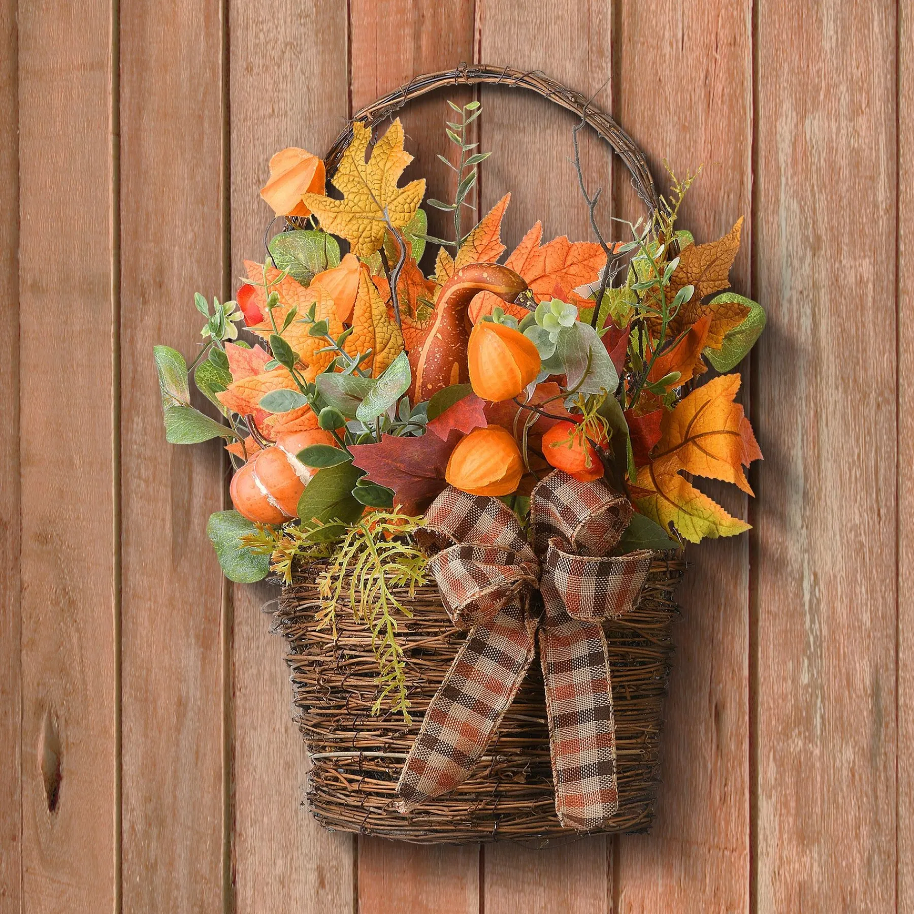 Harvest Accessories-National Tree Company Artificial Flowers In Wicker Basket, Decorated With Pumpkins, Gourds, Flower Buds, Burlap Bows, Maple Leaves, Autumn Collection, 17 In
