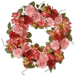 National Tree Company Flower Wreaths^ Artificial Hanging Wreath, Woven Branch Base, Decorated With Pink Rose Blooms, Branches, Leafy Greens, Spring Collection, 20 Inches