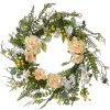 National Tree Company Flower Wreaths^ Artificial Hanging Wreath, Woven Branch Base, Decorated Pink And White Flower Blooms, Yellow Berry Clusters, Fern Fronds, Spring Collection, 20 Inches