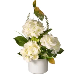 National Tree Company Potted Flower Plants^ Artificial Potted Flowers, Hydrangea Blooms, Decorated With Leafy Greens, Includes White Pot Base, Spring Collection, 9 Inches