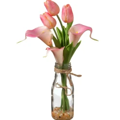 National Tree Company Flower Bouquets^ Artificial Flower Bouquet In Glass Vase, Pink Tulips, Decorated With Leafy Greens, Spring Collection, 12 Inches