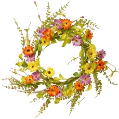 National Tree Company Flower Wreaths^ Artificial Hanging Wreath, Vine Stem Base, Decorated With Yellow, Orange And Purple Daisy Blooms, Fern Fronds, Spring Collection, 20 Inches