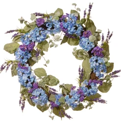 National Tree Company Flower Wreaths^ Artificial Hanging Wreath, Woven Branch Base, Decorated With Blue Hydrangea Blooms, Purple Flowers, Flowing Green Stems, Spring Collection, 32 Inches