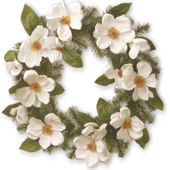 National Tree Company Flower Wreaths^ Artificial Hanging Wreath, Evergreen Branch Base, Decorated With Magnolias, North Valley Spruce Branches, Leaves, Spring Collection, 24 Inches