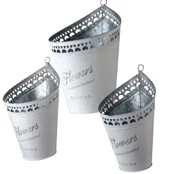 National Tree Company Home & Garden Decor^ Garden Flower Planters, Pack Of 3 White Tin 'Flower' Pots, Features Hanging Loops, Spring Collection, Varying Sizes