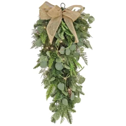 Christmas Greenery-National Tree Company , Hgtv Home Collection, 30" Winter Garden Eucalyptus Mixed Tip Swag With A Burlap Bow, 30 Led Lights- Battery Operated With Timer