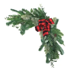 Christmas Greenery-National Tree Company Mixed Pine And Bow Christmas Corner Swags With Plaid Bow And Pinecones, Set Of Two, 24 In