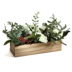 Christmas Greenery-National Tree Company Mixed Greens And White Flowers Christmas Arrangement With Wood Box Base, 23 In