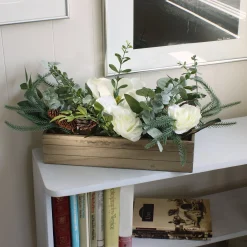 Christmas Greenery-National Tree Company Mixed Greens And White Flowers Christmas Arrangement With Wood Box Base, 23 In