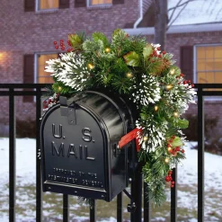 Christmas Greenery-National Tree Company Pre-Lit Artificial Mailbox Swag Decoration, Green, Wintry Pine, Led Lights, Decorated With Frosted Branches, Berry Clusters, Pine Cones, Christmas Collection, 3 Feet