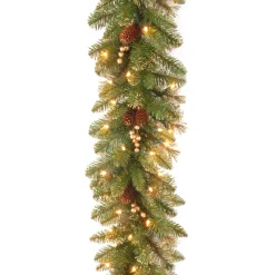 7' To 10' Garland-National Tree Company Pre-Lit Artificial Christmas Garland, Green, Glittery Pine, White Lights, Decorated With Pine Cones, Berry Clusters, Plug In, Christmas Collection, 9 Feet