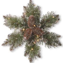 Christmas Greenery-National Tree Company Pre-Lit Artificial Christmas Star Wreath, Green, Glittery Bristle Pine, White Lights, Decorated With Pine Cones, Frosted Branches, Christmas Collection, 14 Inches