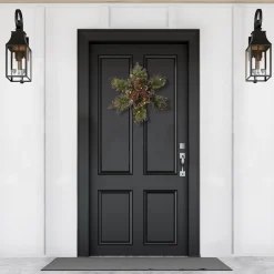 Christmas Greenery-National Tree Company Pre-Lit Artificial Christmas Star Wreath, Green, Glittery Bristle Pine, White Lights, Decorated With Pine Cones, Frosted Branches, Christmas Collection, 14 Inches