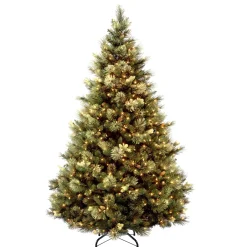 5Ft - 6Ft-National Tree Company Pre-Lit 'Feel Real' Artificial Full Christmas Tree, Green, Carolina Pine, Clear Lights, Flocked With Pine Cones, Includes Stand, 6.5 Feet
