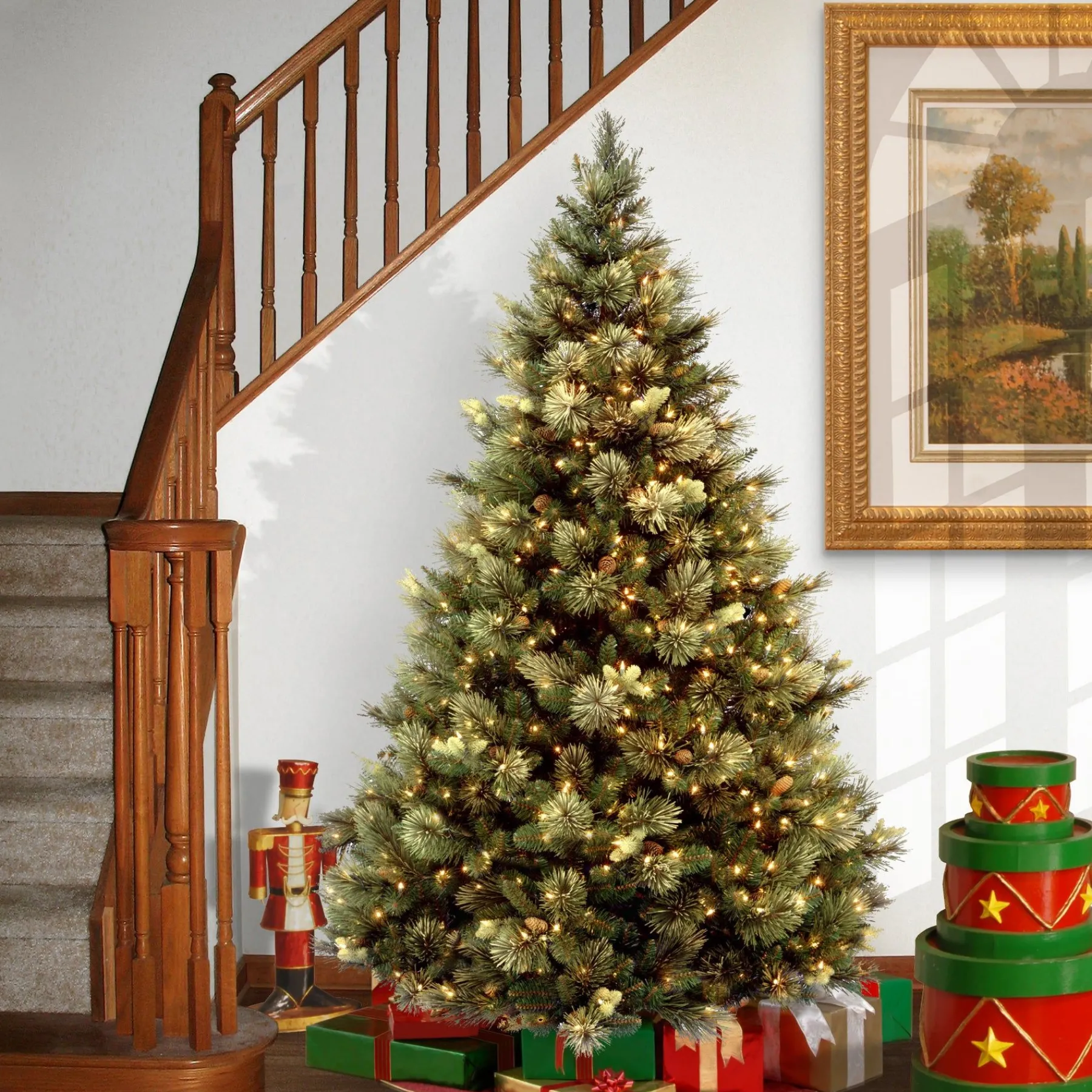 5Ft - 6Ft-National Tree Company Pre-Lit 'Feel Real' Artificial Full Christmas Tree, Green, Carolina Pine, Clear Lights, Flocked With Pine Cones, Includes Stand, 6.5 Feet