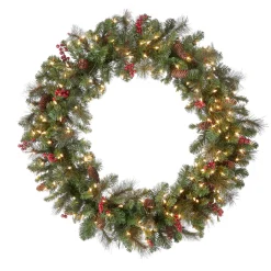 25" To 36" Wreath-National Tree Company Pre-Lit Artificial Christmas Wreath, Green, Crestwood Spruce, White Lights, Decorated With Pine Cones, Berry Clusters, Frosted Branches, Christmas Collection, 36 Inches