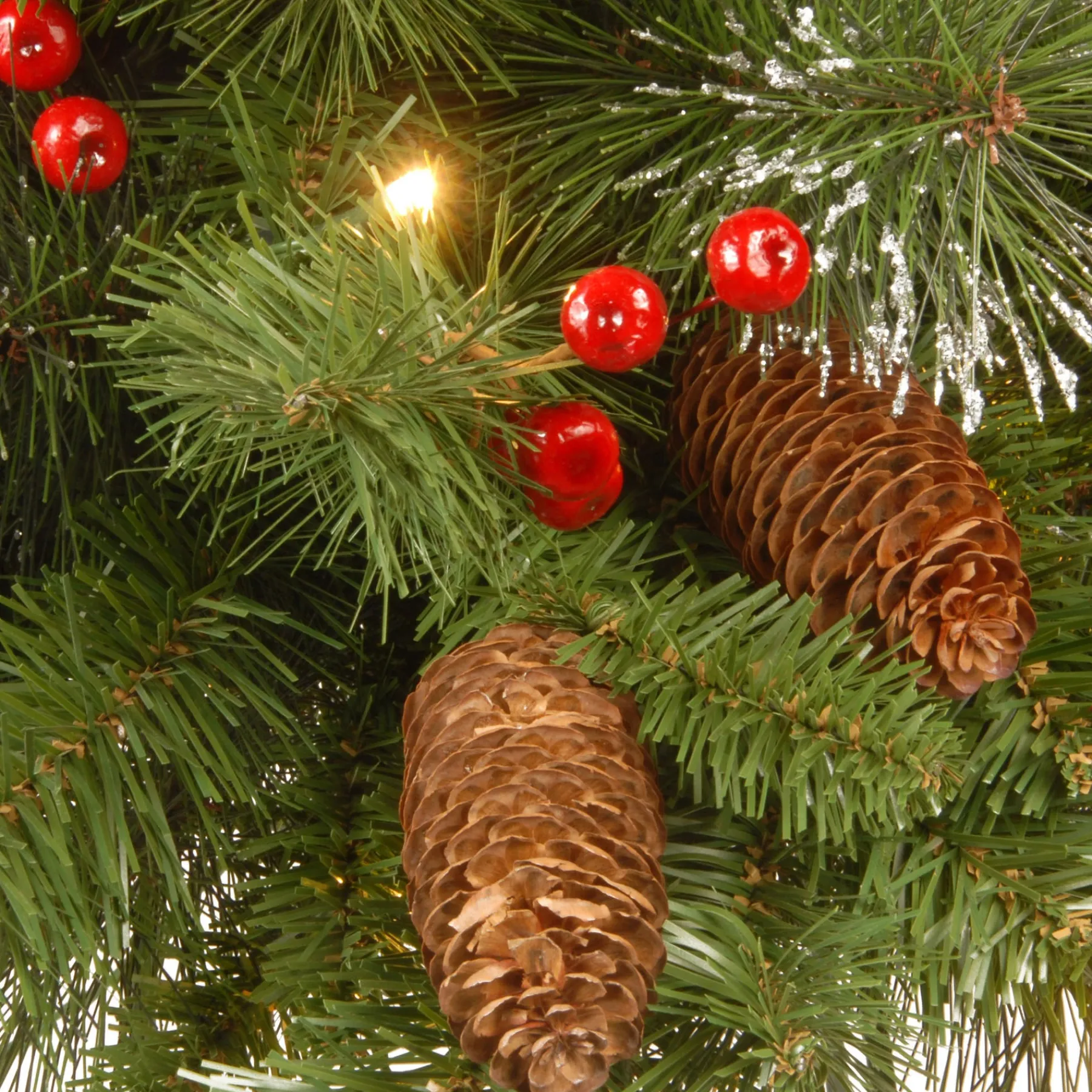 National Tree Company Potted Plants^ Pre-Lit Artificial Mini Christmas Tree, Green, Crestwood Spruce, White Lights, Decorated With Pine Cones, Berry Clusters, Frosted Branches, Includes Pot Base, 4 Feet