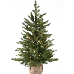 Clear-National Tree Company Pre-Lit 'Feel Real' Artificial Mini Christmas Tree, Green, Nordic Spruce, White Lights, Includes Burlap Bag Base, 3 Feet