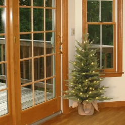 Clear-National Tree Company Pre-Lit 'Feel Real' Artificial Mini Christmas Tree, Green, Nordic Spruce, White Lights, Includes Burlap Bag Base, 3 Feet