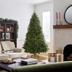 Full-National Tree Company Pre-Lit 'Feel Real' Artificial Full Downswept Christmas Tree, Green, Douglas Fir, Dual Color Led Lights, Includes Stand, 7.5 Feet