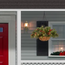 Christmas Greenery-National Tree Company , Pre-Lit Artificial Hanging Basket Crestwood Spruce With Battery Powered Operated Led Lights, With Warm White Led Lights, Battery Powered, Christmas Collection, 16 In