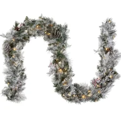 7' To 10' Garland-National Tree Company Pre-Lit Artificial Christmas Garland, Green, Bedford Pine, White Lights, Decorated With Cedar Leaves, Berry Clusters, Pine Cones, Frosted Branches, Battery Powered, Christmas Collection, 9 Feet