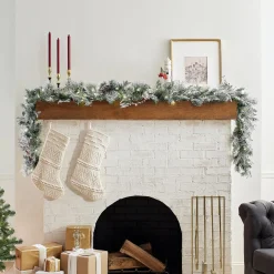 7' To 10' Garland-National Tree Company Pre-Lit Artificial Christmas Garland, Green, Bedford Pine, White Lights, Decorated With Cedar Leaves, Berry Clusters, Pine Cones, Frosted Branches, Battery Powered, Christmas Collection, 9 Feet