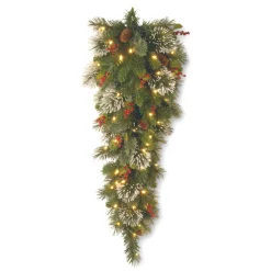 Christmas Greenery-National Tree Company Pre-Lit Artificial Christmas Teardrop, Green, Wintry Pine, White Lights, Decorated With Pine Cones, Berry Clusters, Frosted Branches, Christmas Collection, 36 Inches