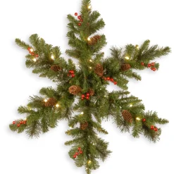 Christmas Greenery-National Tree Company Pre-Lit Artificial Christmas Hanging Snowflake, Green, Crestwood Spruce, Decorated With Pine Cones, Berry Clusters, Christmas Collection, 32 Inches