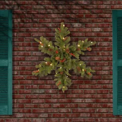 Christmas Greenery-National Tree Company Pre-Lit Artificial Christmas Hanging Snowflake, Green, Crestwood Spruce, Decorated With Pine Cones, Berry Clusters, Christmas Collection, 32 Inches