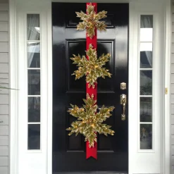 Christmas Greenery-National Tree Company Pre-Lit Artificial Christmas Hanging Snowflakes Door Decoration, Green, Glittery Bristle Pine, White Lights, Christmas Collection, 77 Inches