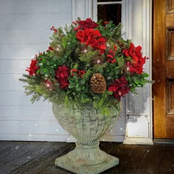 Christmas Greenery-National Tree Company Pre Lit Artificial Urn Filler, Vienna Waltz, Decorated With Red Flower Blooms, Red Berry Clusters, Pine Cones, Warm White Led Lights, Battery Powered, Christmas Collection, 28 Inches