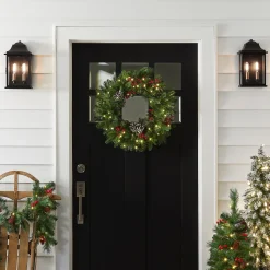 21" To 24" Wreath-National Tree Company Pre-Lit Artificial Christmas Wreath, Green, Bristle Berry Pine, White Lights, Decorated With Frosted Branches, Pine Cones, Berry Clusters, Christmas Collection, 24 Inches
