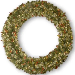 Over 37" Wreath-National Tree Company Pre-Lit Artificial Christmas Wreath, Green, Wintry Pine, White Lights, Decorated With Frosted Branches, Berry Clusters, Pine Cones, Christmas Collection, 72 Inches
