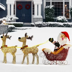 Christmas Outdoor Accessories-National Tree Company Pre Lit Santa And Reindeer Decoration, Includes Santa, Two Reindeer, Prestrung With 225 Warm White Led Lights, Battery Powered, Christmas Collection, 33 Inches