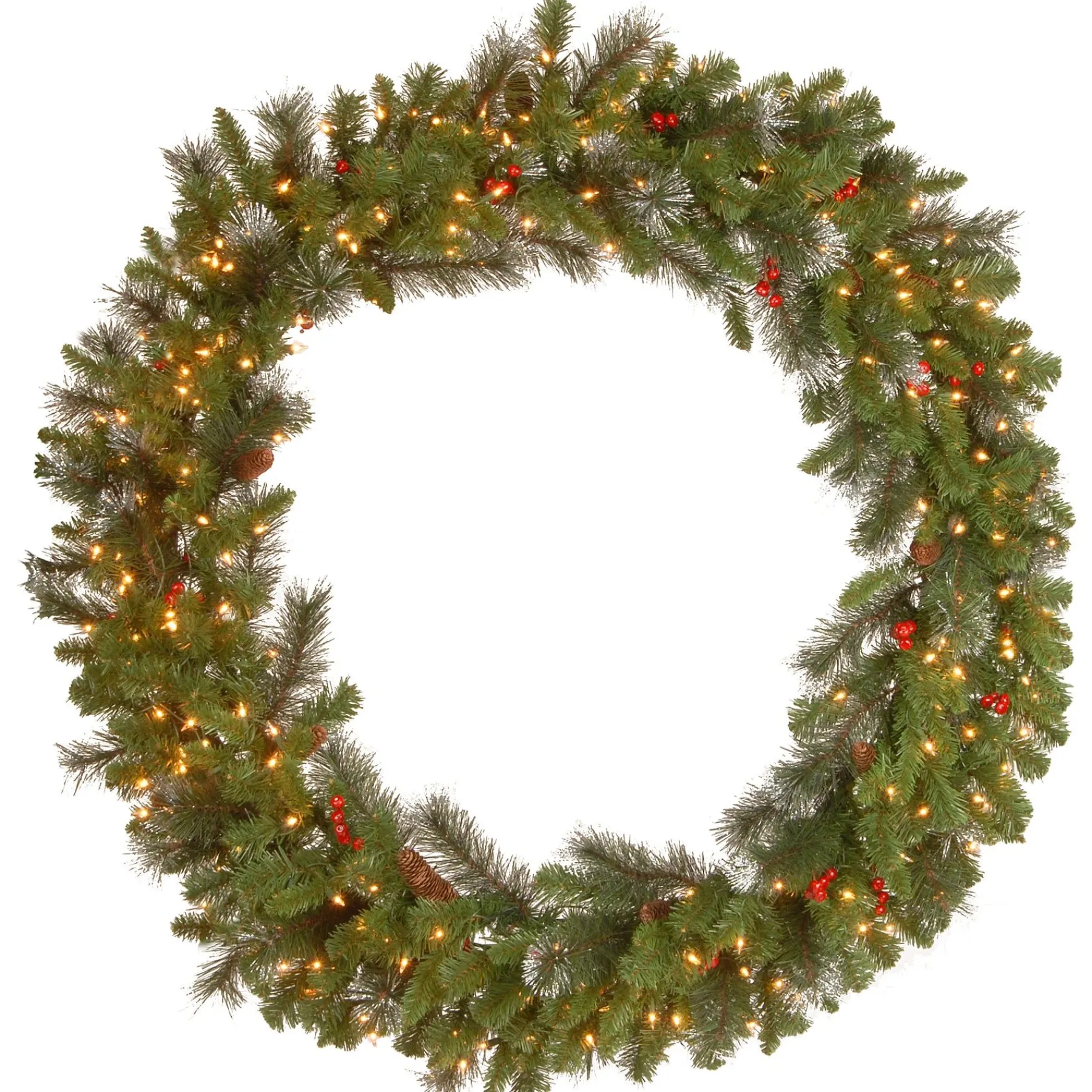 Over 37" Wreath-National Tree Company Pre-Lit Artificial Christmas Wreath, Green, Crestwood Spruce, White Lights, Decorated With Pine Cones, Berry Clusters, Christmas Collection, 48 Inches