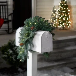 Christmas Greenery-National Tree Company Pre-Lit Artificial Mailbox Swag Decoration, Green, Arctic Spruce, Led Lights, Decorated With Pine Cones, Christmas Collection, 3 Feet