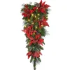 Christmas Greenery-National Tree Company Pre-Lit Artificial Christmas Teardrop, Green, Evergreen, White Lights, Decorated With Pine Cones, Poinsettia Flowers, Christmas Collection, 36 Inches