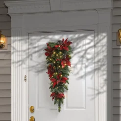 Christmas Greenery-National Tree Company Pre-Lit Artificial Christmas Teardrop, Green, Evergreen, White Lights, Decorated With Pine Cones, Poinsettia Flowers, Christmas Collection, 36 Inches