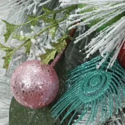 Christmas Accessories-National Tree Company Snowy Pine Decorated Teardrop With Snow Covered Branches And Ball Christmas Ornaments, 33 In