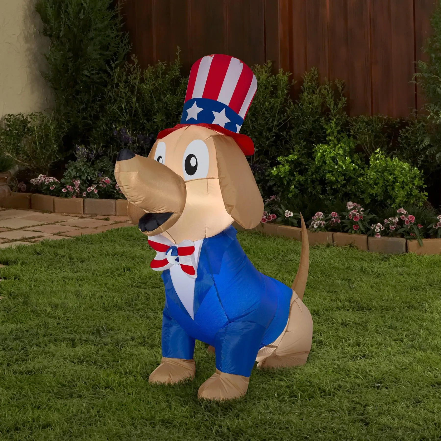 Patriotic Inflatable-National Tree Company Patriotic Inflatable Decoration Blue Brown Dog Wearing Red White And Blue Suit And Hat Self Inflating Plug In Fourth Of July Collection 60 Inches