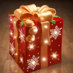 Christmas Accessories-National Tree Company Pre-Lit 21" Led Red Gift Box With Gold Bow Decor