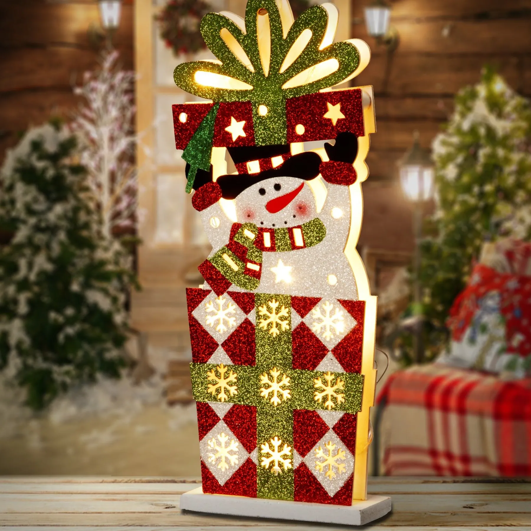 Christmas Accessories-National Tree Company Pre-Lit 17" Wooden Gift Box Snowman