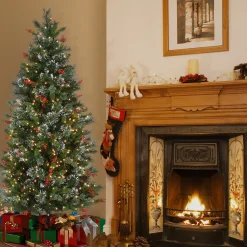 Slim-National Tree Company Pre-Lit Artificial Christmas Tree, Wintry Pine, Green, White Lights, Decorated With Pine Cones, Berry Clusters, Includes Stand, 6.5 Feet