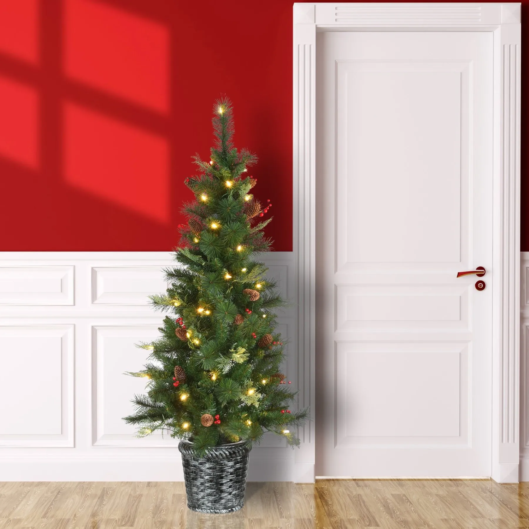 Slim-National Tree Company Pre-Lit Artificial Christmas Entrance Tree, Buzzard Pine, With Warm White Led Lights, Plug In, 5 Ft